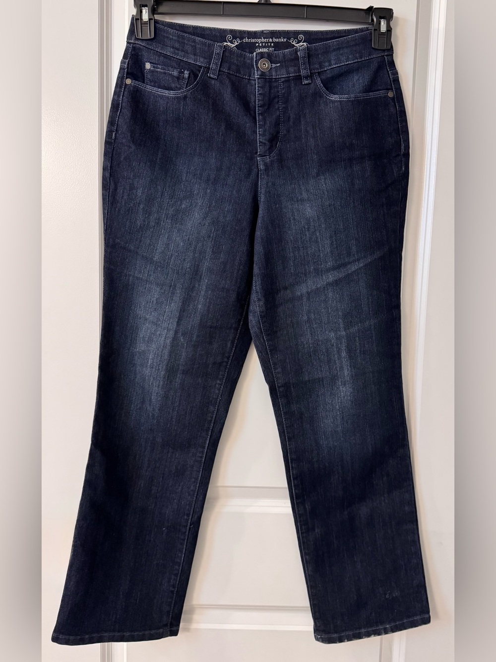 #1923 Christopher & Banks Petite Classic Straight Fit Dark Wash Blue Denim Jeans